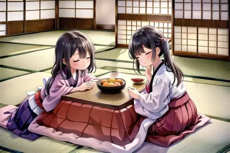 masterpiece, best quality,ultra detail, <lora:anmnr01:0.3> <lora:add_detail:0.4>,<lora:GoodHands-vanilla:0.7>,2girls,large kotatsu,tatami,japanese livingroom,mikan<lora:kotatsu:0.7>
AND 2girls,sleepy face,sitting at kotatsu,tatami,japanese livingroom,,large kotatsu
AND 2girls,sleeping,under kotatsu,tatami,japanese livingroom,,large kotatsu