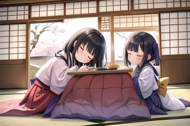 masterpiece, best quality,ultra detail, <lora:anmnr01:0.3> <lora:add_detail:0.4>,<lora:GoodHands-vanilla:0.7>,2girls,large kotatsu,tatami,japanese livingroom,mikan<lora:kotatsu:0.7>
AND masterpiece, best quality,ultra detail, 2girls,petite,sleeping,under kotatsu,tatami,japanese livingroom,large kotatsu,calm, rest,lying
AND masterpiece, best quality,ultra detail, 2girls,petite,sleepy face,sitting at kotatsu,tatami,japanese livingroom,,large kotatsu,sailor uniform