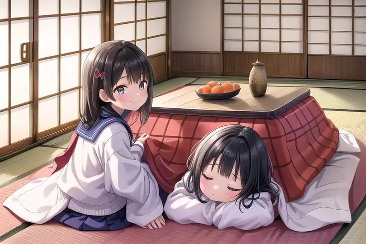 masterpiece, best quality,ultra detail, <lora:anmnr01:0.3> <lora:add_detail:0.4>,<lora:GoodHands-vanilla:0.7>,2girls,large kotatsu,tatami,japanese livingroom,mikan<lora:kotatsu:0.7>
AND masterpiece, best quality,ultra detail, 2girls,petite,smile,sitting at kotatsu,tatami,japanese livingroom,,large kotatsu,sailor uniform
AND masterpiece, best quality,ultra detail, 2girls,petite,sleeping,under kotatsu,tatami,japanese livingroom,large kotatsu,calm, rest,lying on stomach