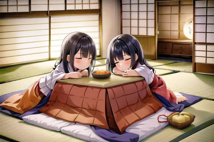 masterpiece, best quality,ultra detail, <lora:anmnr01:0.3> <lora:add_detail:0.4>,<lora:GoodHands-vanilla:0.7>,2girls,large kotatsu,tatami,japanese livingroom,mikan<lora:kotatsu:0.7>
AND 2girls,sleepy face,sitting at kotatsu,tatami,japanese livingroom,,large kotatsu
AND 2girls,sleeping,under kotatsu,tatami,japanese livingroom,,large kotatsu
