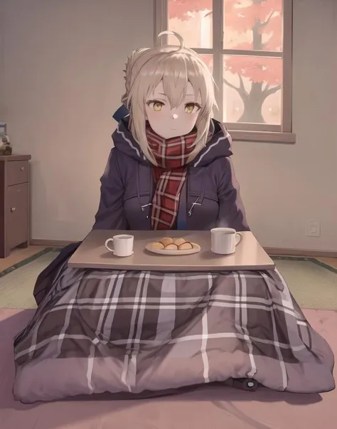masterpiece, best quality, kotatsu, indoors, table, window, cosy, calm, rest, 1girl, ((under kotatsu)), <lora:kotatsu-20:0.8>, <lora:MHXA_REMAKE-20:0.8>, MHXA, plaid scarf, coat