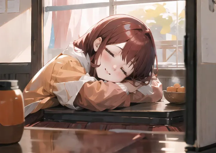 1girl,  <lora:kotatsu-20:0.85>, kotatsu, table,  <lora:SleePeace:0.95>, sleepeace, down face, red hair, winter, upper body,mikan,
reflecttion light,, ultra_detailed:1.2