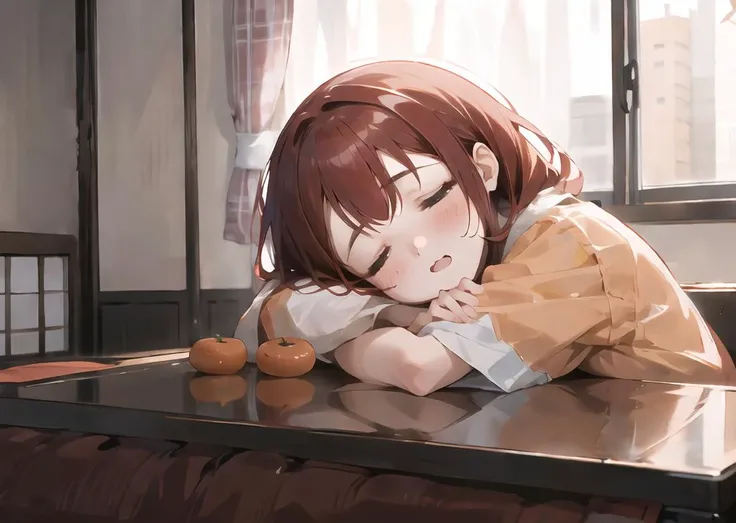 1girl, <lora:kotatsu-20:0.8>, kotatsu, table, <lora:SleePeace:0.9>, sleepeace, down face, red hair, winter, upper body,mikan,
reflecttion light,, ultra_detailed:1.2