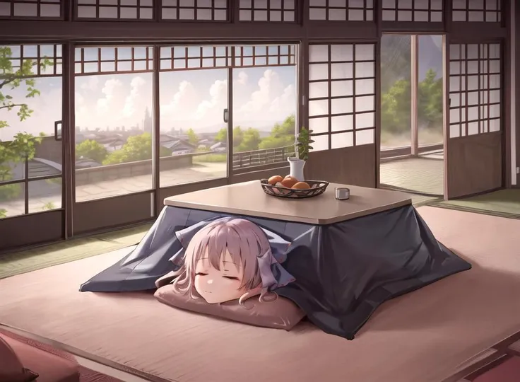 masterpiece, best quality, kotatsu, indoors, table, window, cosy, calm, rest, 1girl, (head at kotatsu), (desimbodied head), sekibanki, <lora:kotatsu-20:0.8>, <lora:sekibanki-000010:0.5>