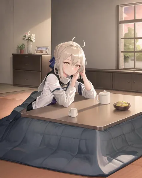 masterpiece, best quality, (kotatsu), indoors, table, window, cosy, calm, rest, 1girl, (siting at kotatsu), looking at viewer, hands up,  smile, front view, love, enjoyment, calm, joy, bright, sunlight, MHXA, white shirt, black shorts, <lora:kotatsu-20:0.8>, <lora:MHXA_REMAKE-20:0.8>