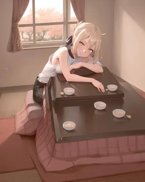 masterpiece, best quality, (kotatsu), indoors, table, window, cosy, calm, rest, 1girl, (siting at kotatsu), looking at viewer, (elbows on table), smile, front view, love, enjoyment, calm, joy, MHXA, white shirt, black shorts, <lora:kotatsu-20:0.8>, <lora:MHXA_REMAKE-20:0.8>