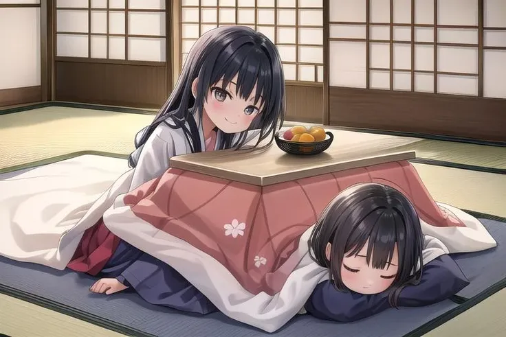 masterpiece, best quality,ultra detail, <lora:anmnr01:0.3> <lora:add_detail:0.4>,<lora:GoodHands-vanilla:0.7>,2girls,large kotatsu,tatami,japanese livingroom,mikan<lora:kotatsu:0.7>
AND masterpiece, best quality,ultra detail, 2girls,petite,smile,sitting at kotatsu,tatami,japanese livingroom,,large kotatsu,sailor uniform
AND masterpiece, best quality,ultra detail, 2girls,petite,sleeping,under kotatsu,tatami,japanese livingroom,large kotatsu,calm, rest,lying on stomach