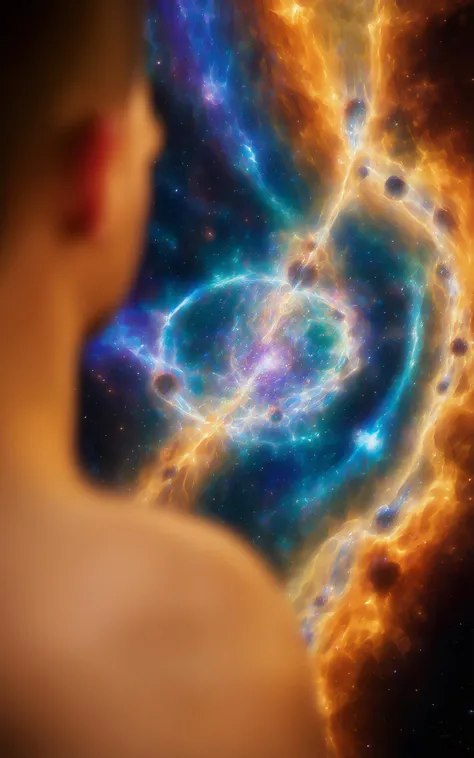 A complex natural cosmic image that shows the meaning of life accepted by humans. Viewed by a man