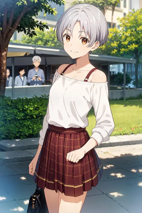 <lora:milV1:.5>, masterpiece, best quality, mil, 1boy, short hair, grey hair, brown eyes, smile, park, outdoors, pleated_skirt, sweater, bare_shoulder, crossdressing, off-shoulder_sweater, otoko_no_ko, red skirt,