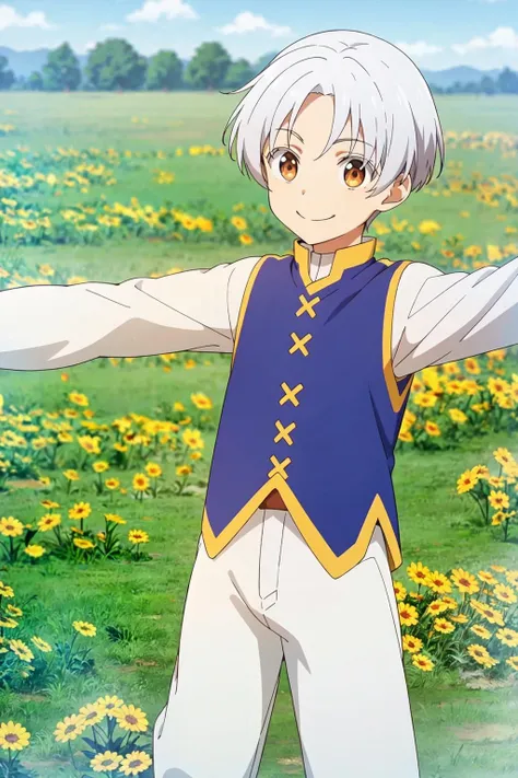 <lora:milV1:.6>, masterpiece, best quality, 1boy, solo, mil, white hair, smile, brown eyes, field, outdoors, outstretched_arms,
