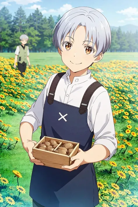 <lora:milV1:.6>, masterpiece, best quality, mil, 1boy, short hair, grey hair, brown eyes, smile, field, outdoors,