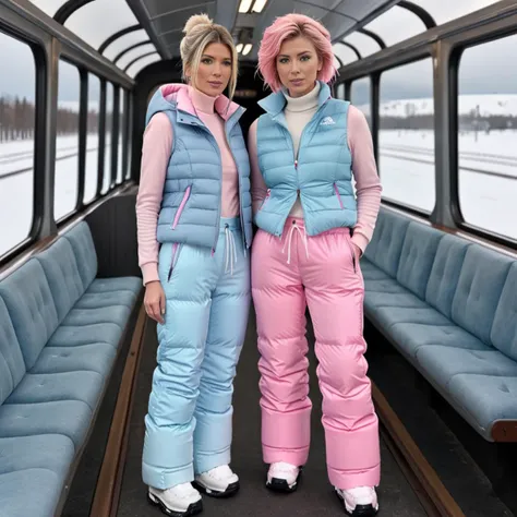 full body shot two nordic 40 year old women ,unique, wearing a babyblue and pink   (pair of snow pants,vest) and a puffer blazer unique hair styles, 8k uhd, dslr, high quality, photorealistic, realism, hyperrealism, train scene
 <lora:snowpants_v1-000003:0.9>