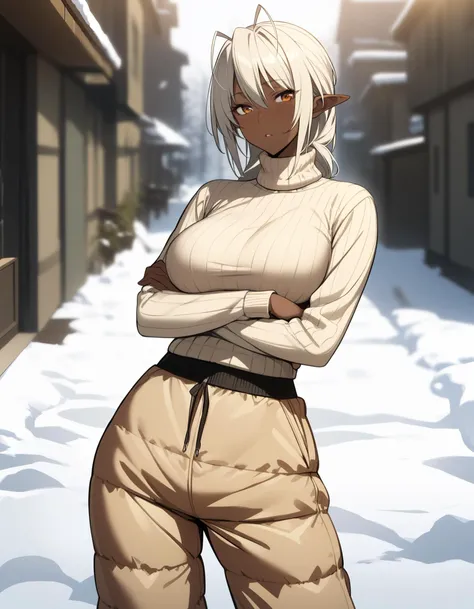 1girl, solo, mature female, <lora:MuramasaSanseiV2:0.9> murasansei, very dark skin, turtleneck, sweater, long sleeves, large breasts, <lora:snowpants_v1:0.7> snowpants, standing, contrapposto, crossed arms, looking at viewer, parted lips, outdoors, scenery, winter, snow, building, sunlight, perfect lighting, depth of field, blurry background, cinematic, filmic, high budget, (masterpiece), (best quality), (ultra-detailed), very aesthetic, illustration, perfect composition, intricate details, absurdres