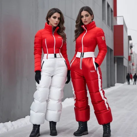 full body shot two spanish women ,unique, wearing a red and white   puffer snowpants,corset unique hair styles, 8k uhd, dslr, high quality, photorealistic, realism, hyperrealism, dystopian city scene
 <lora:snowpants_v1-000003:0.7>