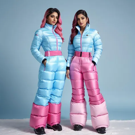 full body shot two pakistani women ,unique, wearing a babyblue and pink puffer snowpants,corset unique hair styles, 8k uhd, dslr, high quality, photorealistic, realism, hyperrealism, bedroom scene
<lora:snowpants_v1-000003:0.7>
