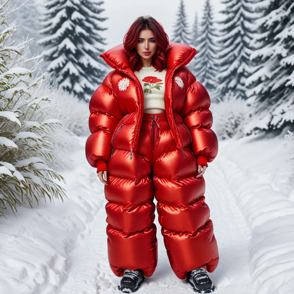 (full body shot| ) (dark cinematic still, dark vibes) petite british woman ,unique, wearing floral snowpants and red extra_puffy_jacket, unique hair styles, 8k uhd, dslr, high quality, photorealistic, realism, hyperrealism,((lying down scene)), outdoors
<lora:snowpants_v1-000003:1>
<lora:Puffer_Jacket_and_Down_Jacket_-_Extra_Puffy_Jackets:1>
