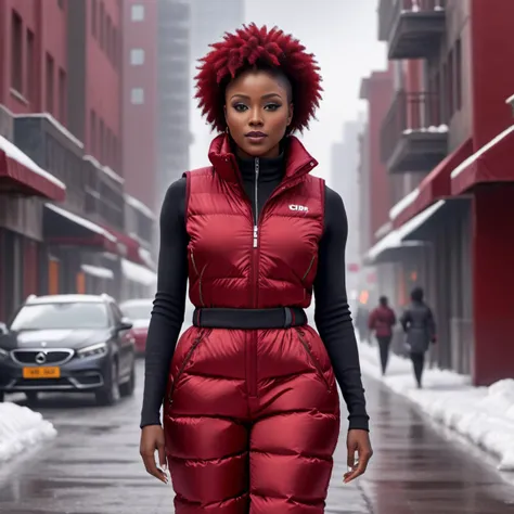 one african professional women ,unique, wearing a dark red   puffer snowpants,vest unique hair styles, 8k uhd, dslr, high quality, photorealistic, realism, hyperrealism, rundown city scene
 <lora:snowpants_v1-000003:0.7>