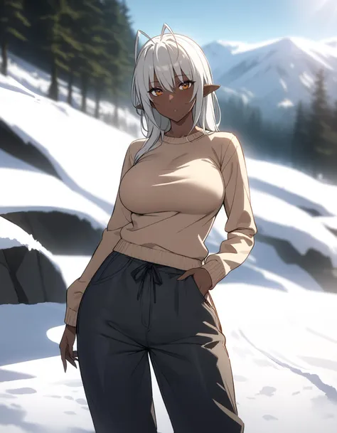 1girl, solo, mature female, <lora:MuramasaSanseiV2:0.9> murasansei, very dark skin, sweater, large breasts, <lora:snowpants_v1:0.7> down pants, standing, contrapposto, looking at viewer, outdoors, nature, scenery, hill, winter, snow, building, sunlight, perfect lighting, depth of field, blurry background, cinematic, filmic, high budget, (masterpiece), (best quality), (ultra-detailed), very aesthetic, illustration, perfect composition, intricate details, absurdres