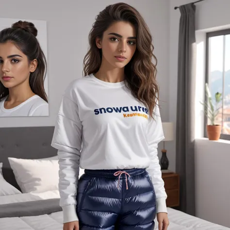 one spanish girls ,unique, wearing  puffer snowpants,tshirt unique hair styles, 8k uhd, dslr, high quality, photorealistic, realism, hyperrealism, bedroom scene
 <lora:snowpants_v1-000003:0.7>