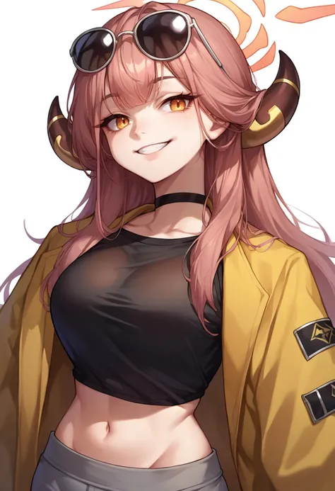 score_9, score_8_up, source_anime, 1girl, solo, RikuhachimaAru, long hair, horns, halo, black shirt, upper body, eyewear on head, sunglasses, grey pants, midriff, see-through cleavage, yellow jacket, black choker, smile, simple background, white background, <lora:ChamRikuhachimaAruPonyXL:1>