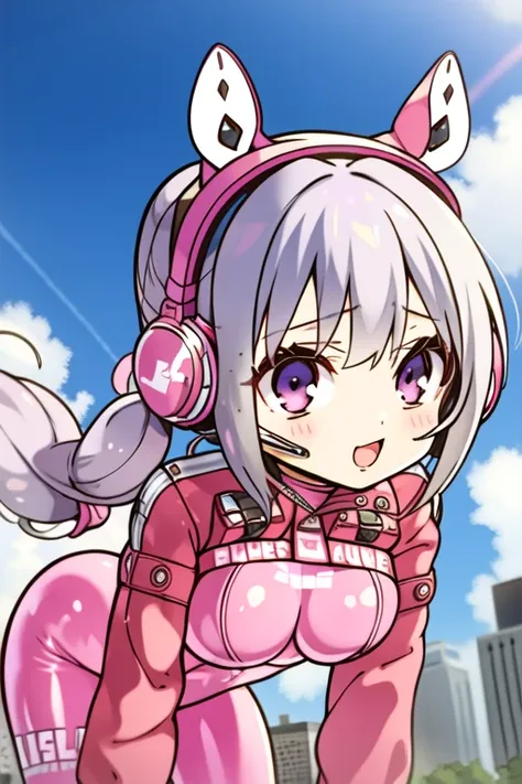 1girl, :d, animal ear headphones, animal ears, bangs, blush, bodysuit, breasts, covered navel, cropped jacket, fake animal ears, gloves, grey hair, headphones, headset, impossible bodysuit, impossible clothes, jacket, large breasts,( latex bodysuit:1.2), leaning forward, long hair, long sleeves, looking at viewer, pink bodysuit, puffy sleeves, purple eyes,( red jacket:1.1), sidelocks, skin tight, smile, snow in the background, solo, thigh gap, twin tails, white gloves, Alice, (masterpiece:1.4),(best quality:1.4),realistic,
 <lora:aliceNikke_v10:0.8> <lora:komowataHarukaStyle_komowataHarukaStyle:1>
