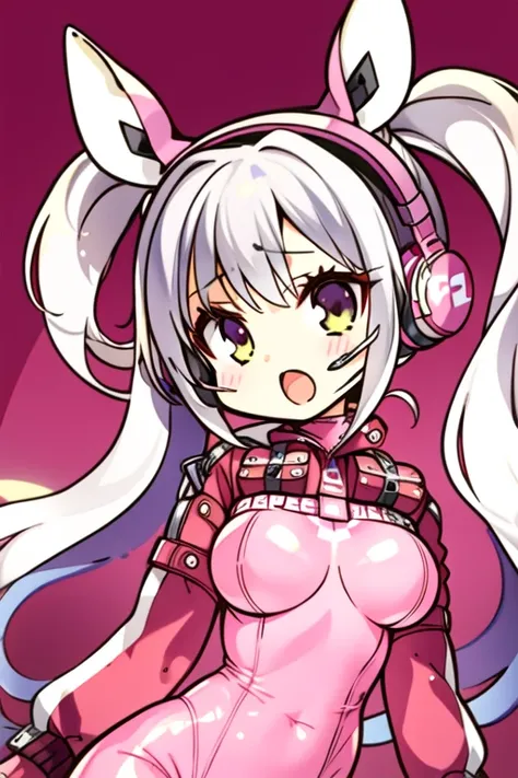 1girl, :d, animal ear headphones, animal ears, bangs, blush, bodysuit, medium breasts, clothes writing, covered navel, cropped jacket, fake animal ears, gloves, grey hair, headphones, headset, impossible bodysuit, impossible clothes, jacket, long hair, long sleeves, looking at viewer, medium breasts, open mouth, pink bodysuit, pink eyes, pink gloves, puffy long sleeves, puffy sleeves, red eyes, red jacket, shoes, sitting, skin tight, smile, sneakers, snow, socks, solo, twin tails, white gloves, very long hair, white footwear, white hair, (masterpiece:1.4),(best quality:1.4),
 <lora:aliceNikke_v10:0.8> <lora:komowataHarukaStyle_komowataHarukaStyle:1>
