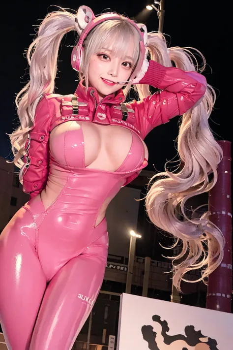 (RAW photo, best quality, masterpiece:1.2), (realistic, photo-realistic:1.4),1girl, solo, :d, animal ear headphones, animal ears, arms up, bangs, blush, bodysuit, breasts, bunny pose, clothes writing, covered navel, cowboy shot, cropped jacket, fake animal ears, gloves, grey background, hair intakes, headphones, impossible bodysuit, impossible clothes, jacket, large breasts, latex, latex bodysuit, long hair, long sleeves, looking at viewer, medium breasts, multicolored gloves, open mouth, pink bodysuit, pink eyes, red eyes, red jacket, shiny clothes, shrug \(clothing\), sidelocks, simple background, skin tight, smile, solo, thigh gap, thighs, twintails, very long hair, white gloves, white hair,alice \(nikke\),(masterpiece:1.4),(best quality:1.4),(shiny skin),realistic, <lora:koreanDollLikeness_v10:0.7> <lora:aliceNikke_v20:1>