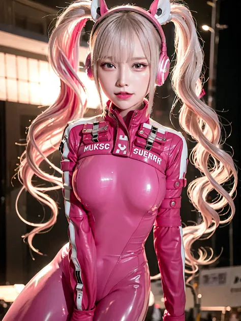 (RAW photo, best quality, masterpiece:1.2), (realistic, photo-realistic:1.4),(masterpiece:1.4),(best quality:1.4),1girl, solo, :d, animal ear headphones, animal ears, arms up, bangs, blush, bodysuit, breasts, bunny pose, clothes writing, covered navel, cowboy shot, cropped jacket, fake animal ears, gloves, simple background,looking at viewer, hair intakes, headphones, impossible bodysuit, impossible clothes, jacket, large breasts, latex, latex bodysuit, long hair, long sleeves, looking at viewer, multicolored gloves, open mouth, pink bodysuit, pink eyes, red eyes, red jacket, shiny clothes, shrug \(clothing\), sidelocks, skin tight, smile, thigh gap, thighs, twintails, very long hair, white gloves, white hair,alice \(nikke\),(shiny skin),realistic, soft focus golden hour lighting, strong rim light, splash particles, intense shadows,<lora:koreanDollLikeness_v10:0.6> <lora:aliceNikke_v20:1>