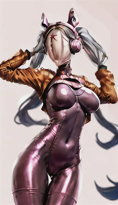 1girl, (red star:1.2), faceless, animal ear headphones, animal ears, arms up, bangs, blush, bodysuit, breasts, bunny pose, clothes writing, covered navel, cowboy shot, cropped jacket, fake animal ears, gloves, grey background, hair intakes, headphones, impossible bodysuit, impossible clothes, jacket, large breasts, latex, latex bodysuit, long hair, long sleeves, looking at viewer, medium breasts, multicolored gloves, open mouth, pink bodysuit, pink eyes, red eyes, red jacket, shiny clothes, shrug \(clothing\), sidelocks, simple background, skin tight, smile, solo, thigh gap, thighs, (twintails:1.2), very long hair, white gloves, white hair,alice \(nikke\),(masterpiece:1.4),(best quality:1.4),(shiny skin),realistic, <lora:aliceNikke_v20:0.9>, <lora:atomicHeartTwins_v1:0.85>