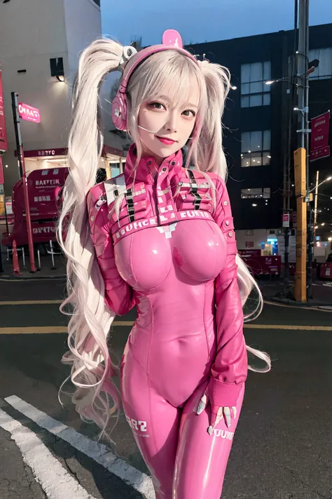 (RAW photo, best quality, masterpiece:1.2), (realistic, photo-realistic:1.4),(masterpiece:1.4),(best quality:1.4),1girl, solo, :d, animal ear headphones, animal ears, arms up, bangs, blush, bodysuit, breasts, bunny pose, clothes writing, covered navel, cowboy shot, cropped jacket, fake animal ears, gloves, outdoor,morning,snow, hair intakes, headphones, impossible bodysuit, impossible clothes, jacket, large breasts, latex, latex bodysuit, long hair, long sleeves, looking at viewer, large breasts, multicolored gloves, open mouth, pink bodysuit, pink eyes, red eyes, red jacket, shiny clothes, shrug \(clothing\), sidelocks, skin tight, smile, thigh gap, thighs, twintails, very long hair, white gloves, white hair,alice \(nikke\),(shiny skin),realistic, <lora:koreanDollLikeness_v10:0.7> <lora:aliceNikke_v20:1>