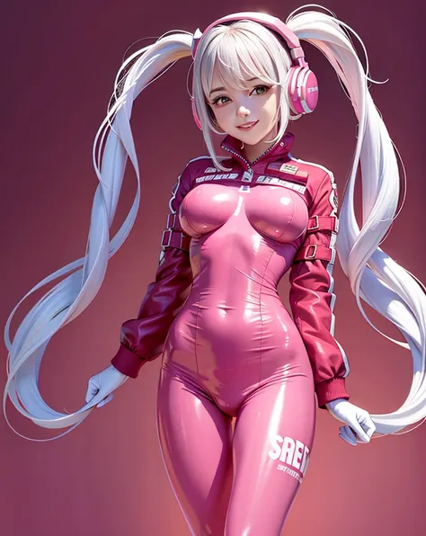 {{{masterpiece, best quality, illustration,game_cg}}}, <lora:aliceNikke_v30:0.7>, 1girl, latex bodysuit,pink bodysuit, carved bodysuit, {{{breasts out}}}, pink nipples, headphones, twintails, shiny clothes, full body, bangs, long pink twintails, blush, gloves, impossible clothes, latex, latex bodysuit, short jacket, skin tight, shrug \(clothing\), medium breasts, slim waist, perfect body, slim legs, long sleeves, looking at viewer, pink eyes, simple background, skin tight, smile, solo, posing, very long hair, white gloves, white hair