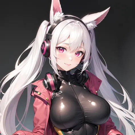 1girl, animal ears, bangs, blush, bodysuit, breasts, closed mouth, fake animal ears, gloves, headphones, headset, horse ears, impossible clothes, jacket, large breasts, long hair, long sleeves, looking at viewer, pink bodysuit, pink eyes, simple background, skin tight, smile, solo, twintails, upper body, very long hair, white background, white gloves, white hair,alice \(nikke\),(masterpiece:1.4),(best quality:1.4),(shiny skin),realistic