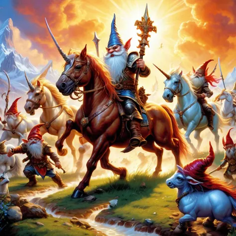 (best quality)++, (masterpiece)++, (detailed)+gnomes at war,  unicorns at war (fantasy illustration)1.3, enchanting unicorns in battle, gnome warriors fighting unicorns , mystical warfare, (many gnomes fighting)1.4 (whimsical charm).4 Otherworldly charm, mystical sky, (Luis Royo)1.2, (Yoshitaka Amano)1.1, moonlit night, soft colors, (detailed cloudscape)1.3, (high-resolution)1.2 (gnomes everywhere fighting unicorns) 1.2   unicorn,1unicorn,2gnomes,4unicorn, squad of gnomes, bone magic, blood magic, arcane magic. <lora:unicorn_xl_v1:0.2> unicorn <lora:BoneMagic:0.8> bonemagic , energy stream <lora:BloodMagic:0.8> bloodmagic, fantasy, magical energy, blood