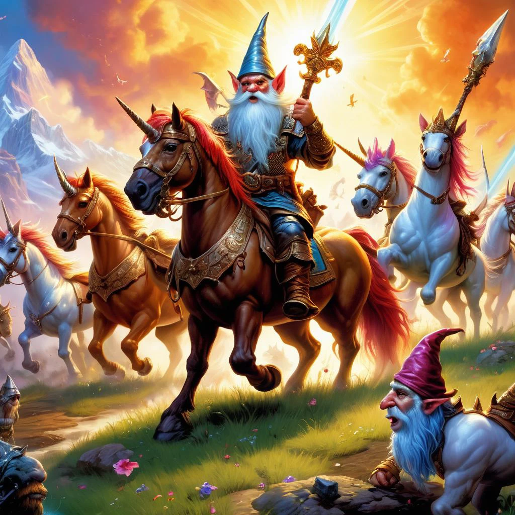 (best quality)++, (masterpiece)++, (detailed)+gnomes at war, unicorns at war (fantasy illustration)1.3, enchanting unicorns in battle, gnome warriors fighting unicorns , mystical warfare, (many gnomes fighting)1.4 (whimsical charm).4 Otherworldly charm, mystical sky, (Luis Royo)1.2, (Yoshitaka Amano)1.1, moonlit night, soft colors, (detailed cloudscape)1.3, (high-resolution)1.2 (gnomes everywhere fighting unicorns) 1.2 unicorn,1unicorn,2gnomes,4unicorn, squad of gnomes, death magic, blood magic, arcane magic. <lora:unicorn_xl_v1:0.2> unicorn