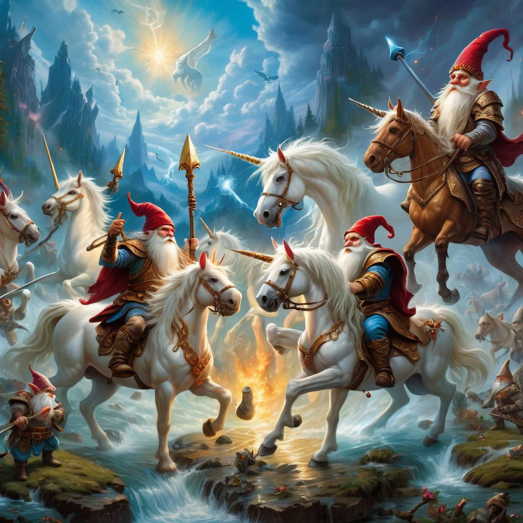 (best quality)++, (masterpiece)++, (detailed)+gnomes at war, unicorns at war (fantasy illustration)1.3, enchanting unicorns in battle, gnome warriors fighting unicorns , mystical warfare, (many gnomes fighting)1.4 (whimsical charm).4 Otherworldly charm, mystical sky, (Luis Royo)1.2, (Yoshitaka Amano)1.1, moonlit night, soft colors, (detailed cloudscape)1.3, (high-resolution)1.2 (gnomes everywhere fighting unicorns) 1.2 unicorn,1unicorn,2gnomes,4unicorn, squad of gnomes, bone magic, blood magic, arcane magic. <lora:unicorn_xl_v1:0.2> unicorn <lora:BoneMagic:0.8> bonemagic , energy stream <lora:BloodMagic:0.8> bloodmagic, fantasy, magical energy, blood