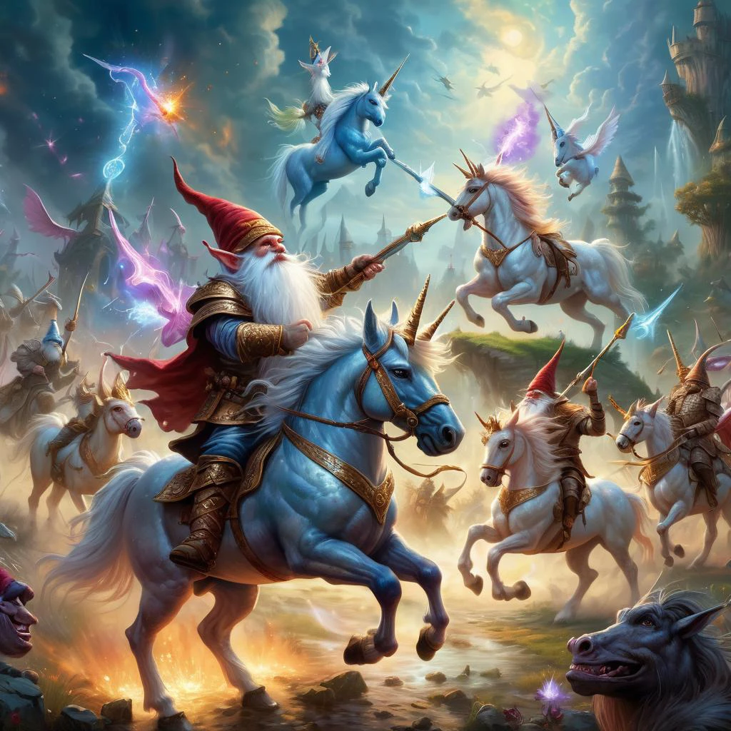 (best quality)++, (masterpiece)++, (detailed)+gnomes at war, unicorns at war (fantasy illustration)1.3, enchanting unicorns in battle, gnome warriors fighting unicorns , mystical warfare, (many gnomes fighting)1.4 (whimsical charm).4 Otherworldly charm, mystical sky, (Luis Royo)1.2, (Yoshitaka Amano)1.1, moonlit night, soft colors, (detailed cloudscape)1.3, (high-resolution)1.2 (gnomes everywhere fighting unicorns) 1.2 unicorn,1unicorn,2gnomes,4unicorn, squad of gnomes, death magic, blood magic, arcane magic. <lora:unicorn_xl_v1:0.2> unicorn