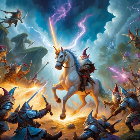 (best quality)++, (masterpiece)++, (detailed)+gnomes at war,  unicorns at war (fantasy illustration)1.3, enchanting unicorns in battle, gnome warriors fighting unicorns , mystical warfare, (many gnomes fighting)1.4 (whimsical charm).4 Otherworldly charm, mystical sky, (Luis Royo)1.2, (Yoshitaka Amano)1.1, moonlit night, soft colors, (detailed cloudscape)1.3, (high-resolution)1.2 (gnomes everywhere fighting unicorns) 1.2   unicorn,1unicorn,2gnomes,4unicorn, squad of gnomes, bone magic, blood magic, arcane magic. <lora:unicorn_xl_v1:0.2> unicorn <lora:BoneMagic:0.8> bonemagic , energy stream <lora:BloodMagic:0.8> bloodmagic, fantasy, magical energy, blood