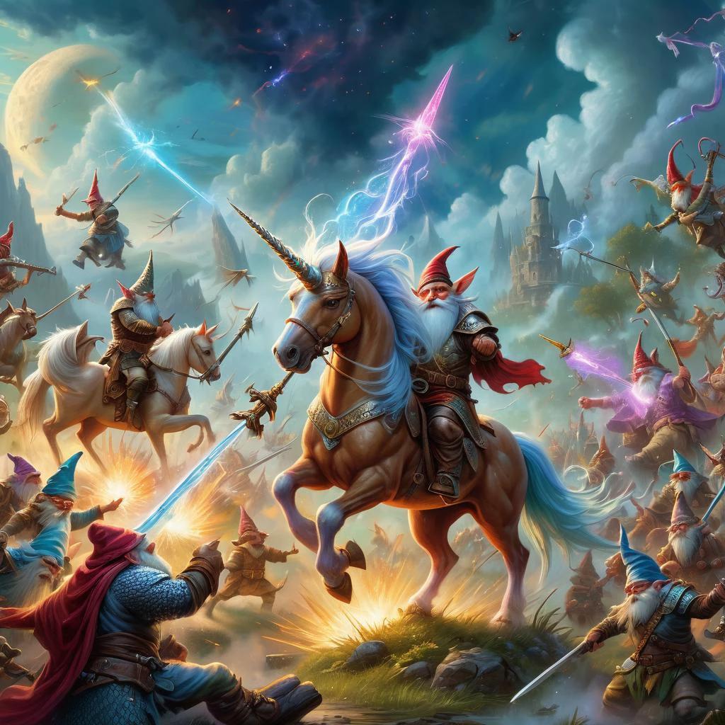 (best quality)++, (masterpiece)++, (detailed)+gnomes at war, unicorns at war (fantasy illustration)1.3, enchanting unicorns in battle, gnome warriors fighting unicorns , mystical warfare, (many gnomes fighting)1.4 (whimsical charm).4 Otherworldly charm, mystical sky, (Luis Royo)1.2, (Yoshitaka Amano)1.1, moonlit night, soft colors, (detailed cloudscape)1.3, (high-resolution)1.2 (gnomes everywhere fighting unicorns) 1.2 unicorn,1unicorn,2gnomes,4unicorn, squad of gnomes, death magic, blood magic, arcane magic. <lora:unicorn_xl_v1:0.2> unicorn
