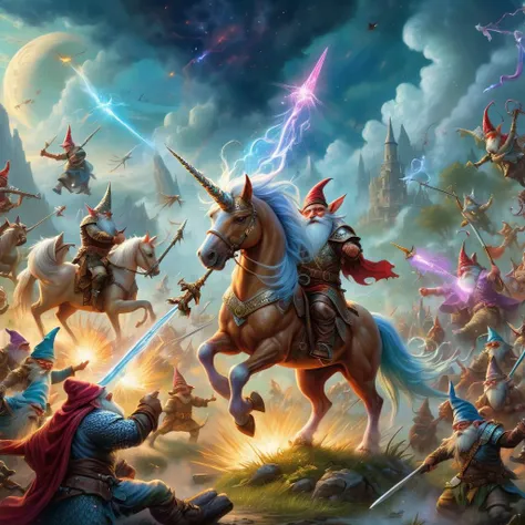 (best quality)++, (masterpiece)++, (detailed)+gnomes at war,  unicorns at war (fantasy illustration)1.3, enchanting unicorns in battle, gnome warriors fighting unicorns , mystical warfare, (many gnomes fighting)1.4 (whimsical charm).4 Otherworldly charm, mystical sky, (Luis Royo)1.2, (Yoshitaka Amano)1.1, moonlit night, soft colors, (detailed cloudscape)1.3, (high-resolution)1.2 (gnomes everywhere fighting unicorns) 1.2   unicorn,1unicorn,2gnomes,4unicorn, squad of gnomes, death magic, blood magic, arcane magic. <lora:unicorn_xl_v1:0.2> unicorn