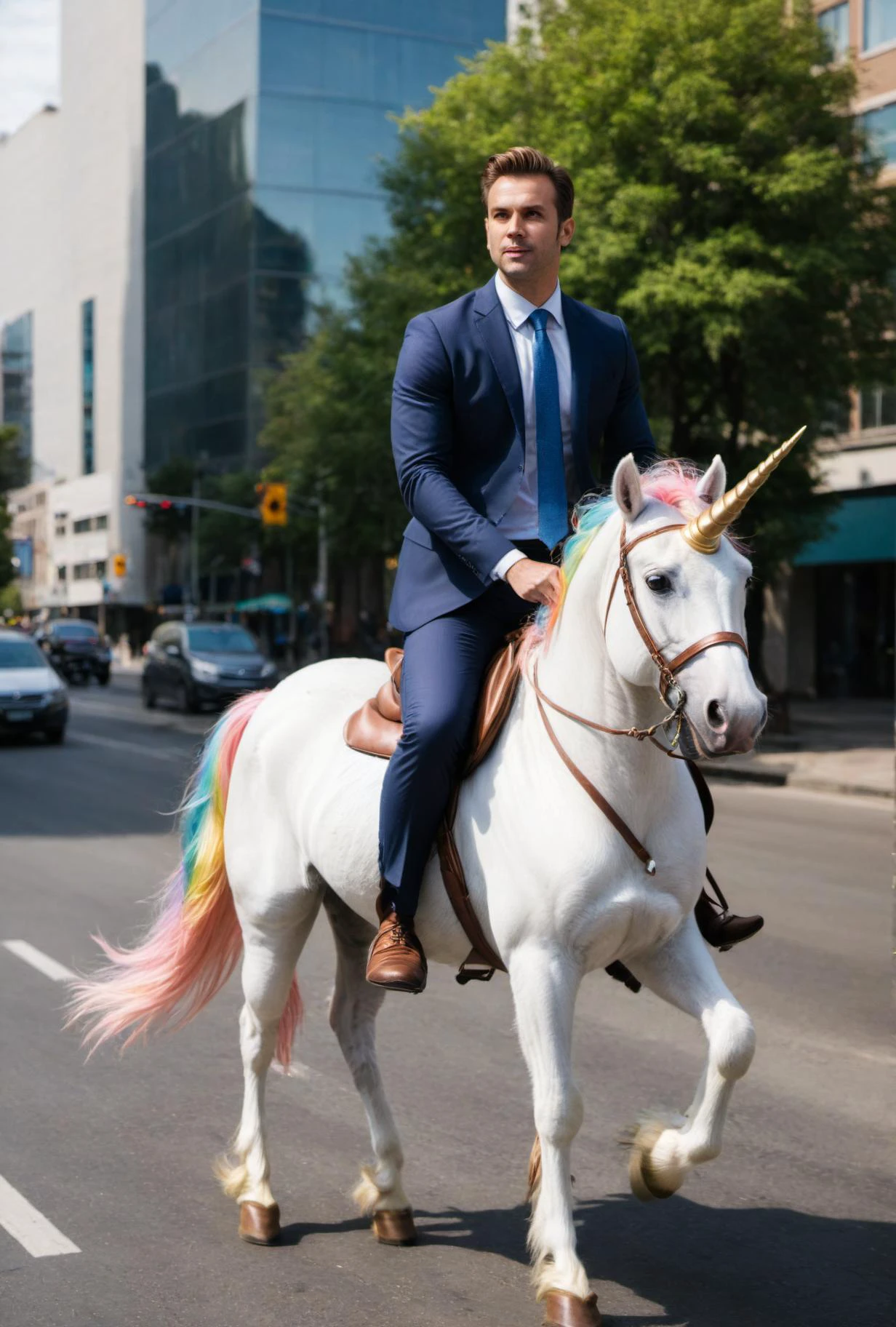wide-shot, looking at camera, businessman going to work riding a unicorn, city street <lora:xl_more_art-full_v1:0.8> <lora:unicorn_xl_v1:0.7>