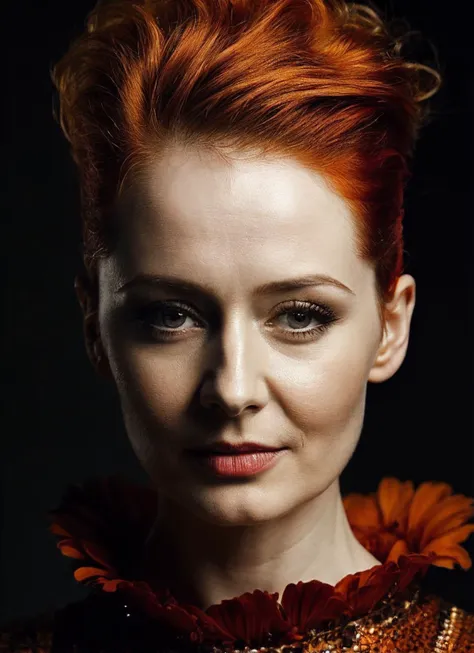 portrait of sks woman by Flora Borsi, style by Flora Borsi, bold, bright colours, orange Mohawk haircut, ((Flora Borsi)), <lora:locon_mirandaotto_v1_from_v1_64_32:1>
