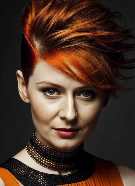 portrait of sks woman by Flora Borsi, style by Flora Borsi, bold, bright colours, orange Mohawk haircut, ((Flora Borsi)), <lora:locon_mirandaotto_v1_from_v1_64_32:1>