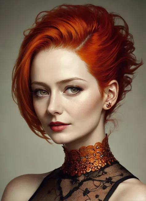 portrait of sks woman by Flora Borsi, style by Flora Borsi, bold, bright colours, orange Mohawk haircut, ((Flora Borsi)), <lora:locon_mirandaotto_v1_from_v1_64_32:1>