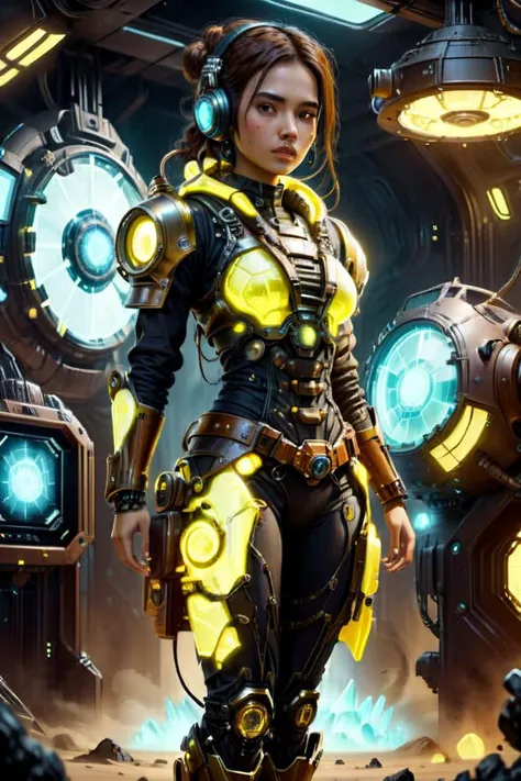 ((best quality)), ((masterpiece)), ((realistic,digital art)), (hyper detailed),UraniumTechAI female Interstellar trader, , Teenager, Curvaceous, Native American, Brown eyes, Stretched Ears, Round Jaw, Striking Birthmarks, , Mahogany Straight haircut hair, Pride, Striking a pose after emerging from a time machine., wearing Moroccan Dark yellow Cybernetic High-low Skirt, Shibori Electromagnetic Hooded Sweater, Robotic Combat Boots, Plasma-lace Cowboy Hat, and, Striking a pose while navigating through galactic adventures., octane rendering, raytracing, volumetric lighting, Backlit,Rim Lighting, 8K, HDR, <lora:UraniumTechAI:1>