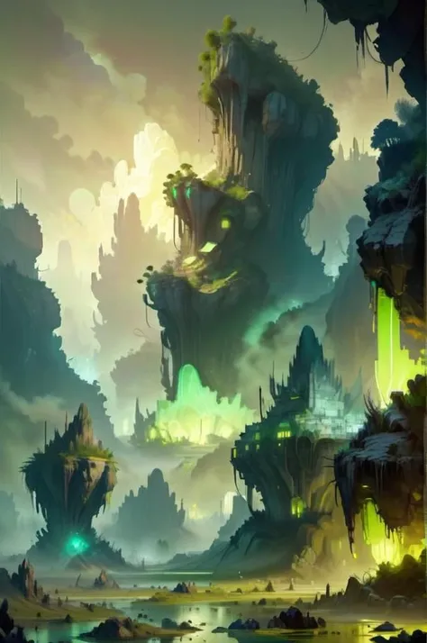 <lora:UraniumTechAI:1> uraniumtech, swamp valley surrounded by high rocky cliffs, dawn,