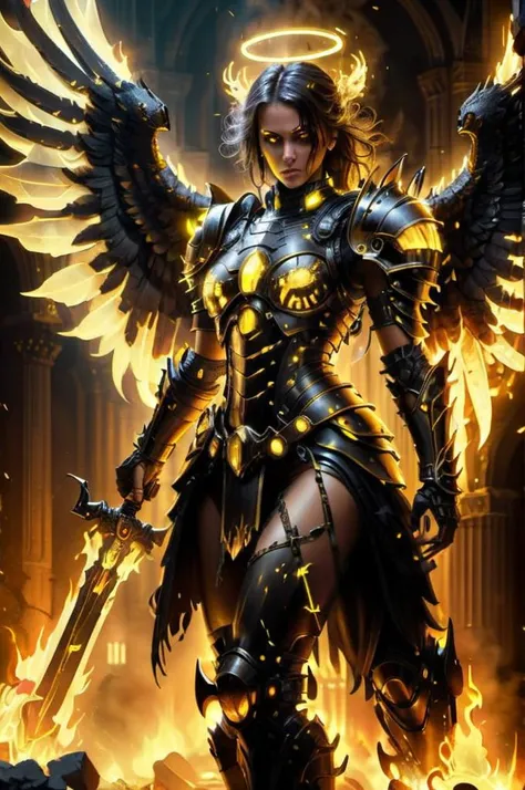 <lora:UraniumTechAI:1> uraniumtech,   epic female warrior on fire ablaze in black and gold armor with angel wings, horror christian cathedral, nighttime, dungeons and dragons,