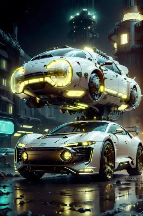 <lora:UraniumTechAI:1> uraniumtech,   white and brass science fiction hovering industrial luxury car by a downtown hotel, science fiction, night time, volumetric light, dutch angle, cinematic angle