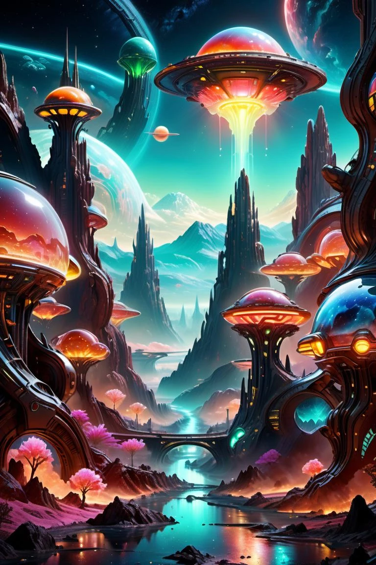 ((best quality)), ((masterpiece)), ((realistic,digital art)), (hyper detailed),DonMBl00mingF41ryXL UraniumTechAI Alien Planet Traffic Jam,Starry Sky,Mountain Stream, octane rendering, raytracing, volumetric lighting, Backlit,Rim Lighting, 8K, HDR, <lora:UraniumTechAI:0.65> <lora:DonMBl00mingF41ryXL:0.6>