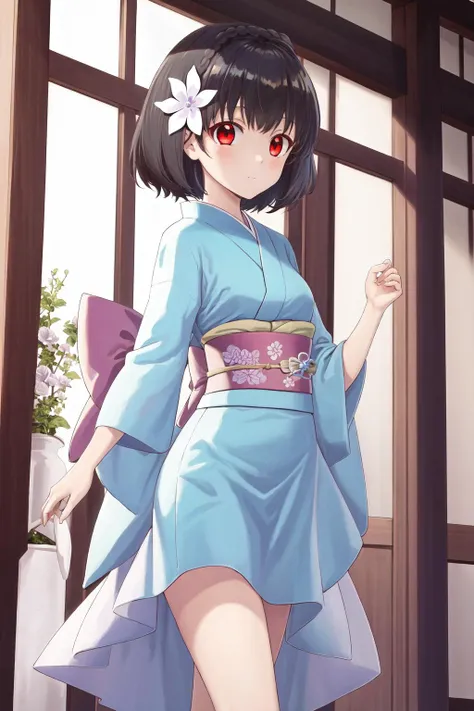 masterpiece, best quality, highres, 1girl lainie cyan hair flower red eyes short hair <lora:lainie_cyan:1> kimono