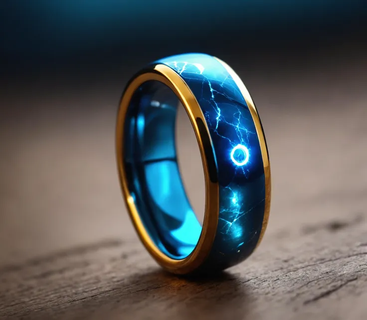 macro shot, a ring made of tungsten and gold, glowing blue mithrel